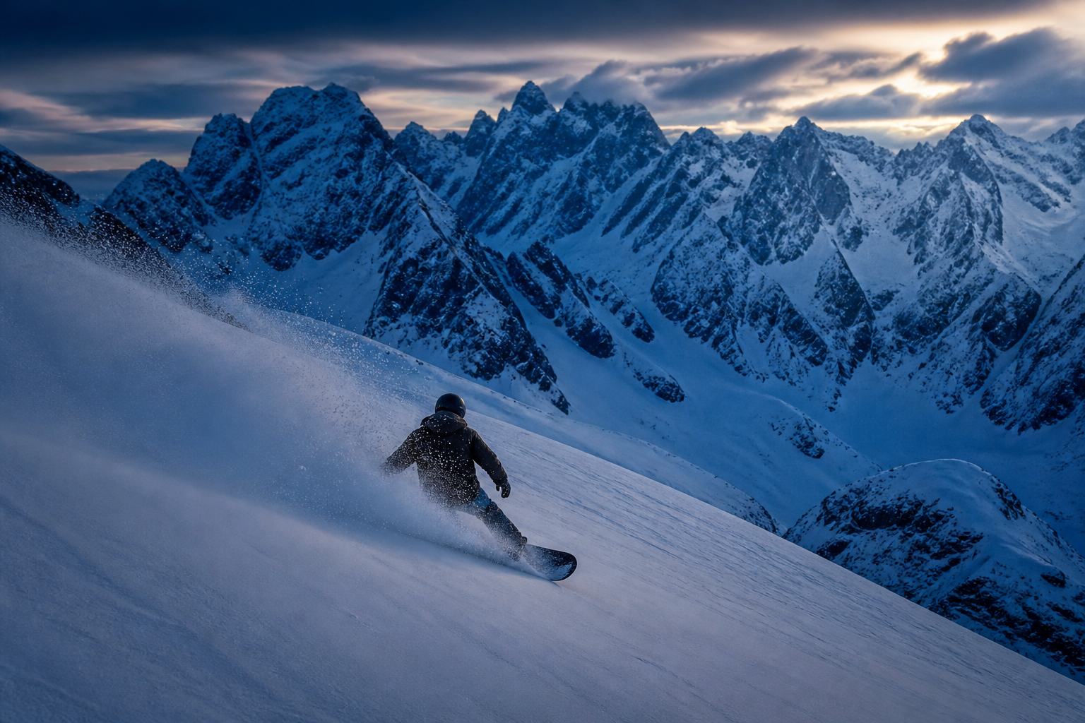 Snowboarder carving, from behind